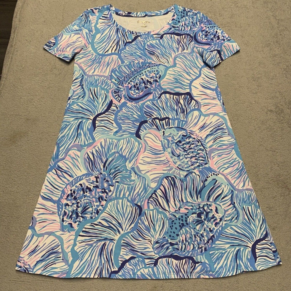 Lilly Pulitzer Dress XS Blue Pink Fishful Thinking Cotton Fish Beach Preppy Read